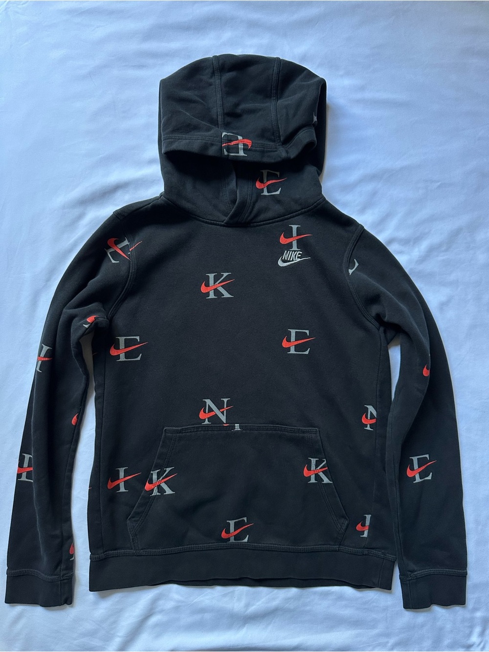 Nike Black Crewneck Hoodie with Red & Gray Logo Motifs